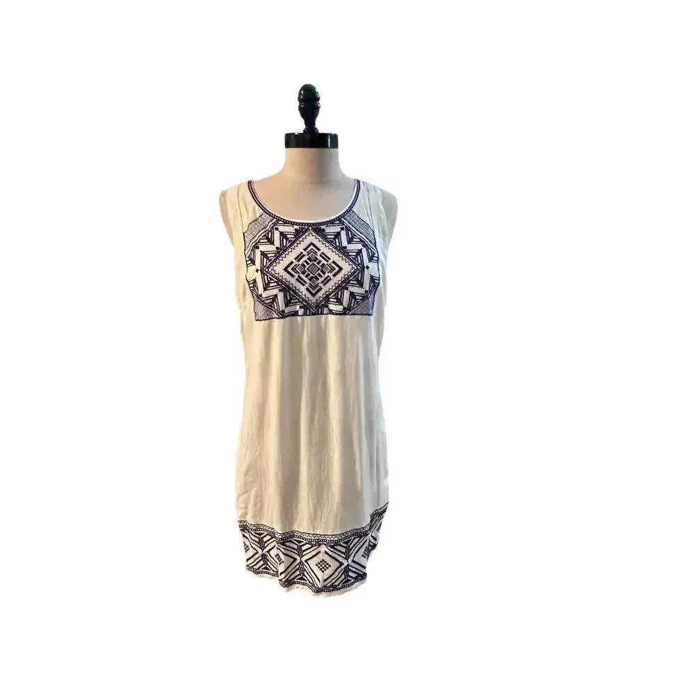 Soieblu White Sleeveless Geometric Embroidery Tunic Dress Size Large